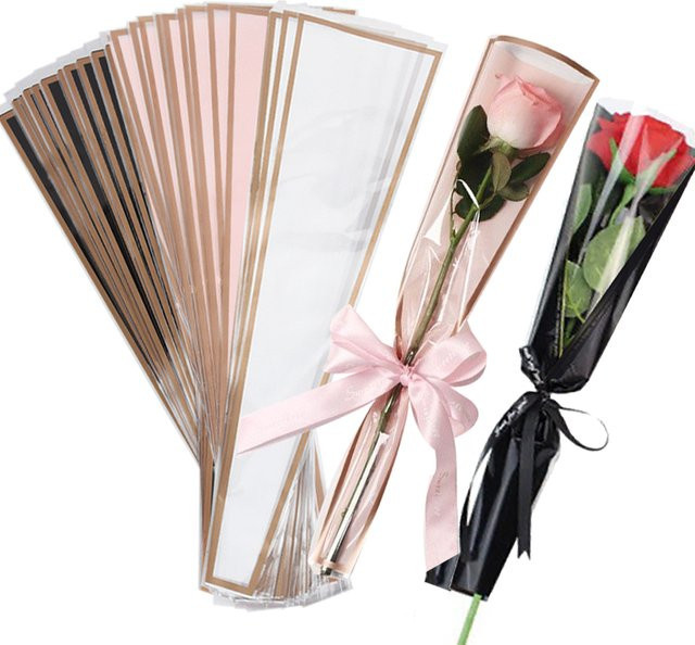 50 Stück transparente Blumenverpackungstaschen mit Goldrahmen aus wasserdichtem Kunststoff für DIY Blumensträuße - Bild 1