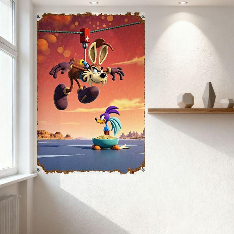 ZX ART Vintage Retro Cartoon Metallblechschild Kojote und Vogel Wüstenlandschaft Wanddeko B: 30 cm, H: 20 cm - Bild 2