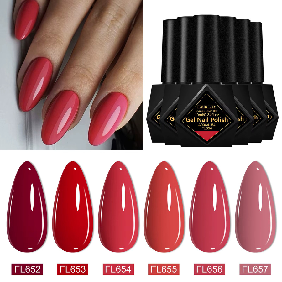 Four Lily Gel Nagellack Set, 6 x 10 ml, Glänzend, Rot Kaffee Braun - Bild 1