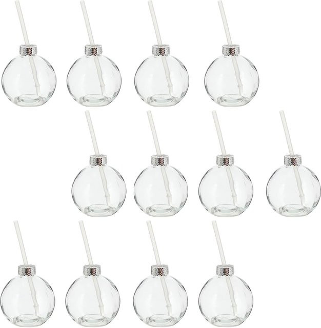 Novaliv 12er Set Glühweintassen mit Trinkhalm, transparente Weihnachtstassen im Christbaumkugel-Design, 400 ml - Bild 1