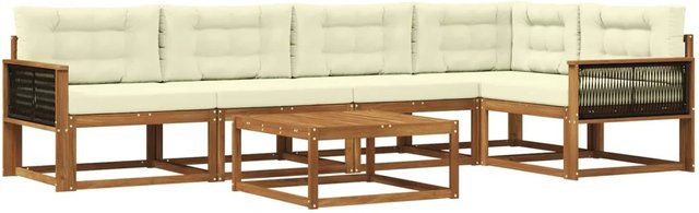 vidaXL Outdoor-Sofagarnitur in L-Form aus Akazienholz mit 6 Polsterkissen in Natur und Creme - Bild 1