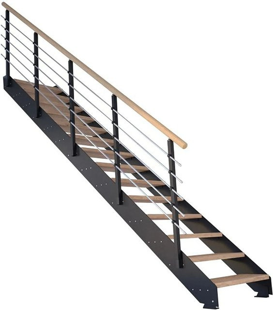 StarWood Treppe Kos mit 12 Stufen in Eiche Rustik Geölt und schwarzem Metallgeländer, Höhe: 85 cm - Bild 1