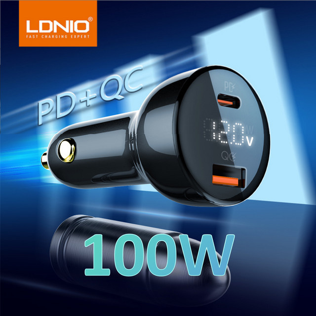 Ldnio USB-Auto Ladegerät mit 100W Dual-Ports Typ C PD QC in Schwarz - Bild 1
