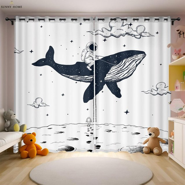 Yiran Furniture Astronaut Universum Vorhänge für Kinderzimmer, 2er-Set, halbtransparent, Polyester, Mehrfarbig, B: 50 cm, H: 140 cm - Bild 1