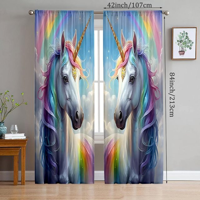 2er-Set Regenbogen Pony Einhorn Vorhänge aus Polyester in Blau und Multicolour, halbtransparent mit Stangentasche, B: 35 cm, H: 100 cm - Bild 1