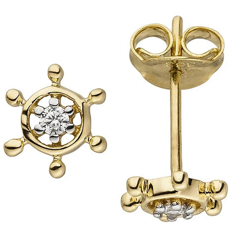 Colfem Ohrstecker Steuerrad, 333 Gelbgold, bicolor, 2 Zirkonia, Unisex - Bild 1