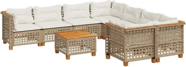 vidaXL 9-teilige Garten-Sofagarnitur aus Poly-Rattan und Akazienholz in Beige mit Kissen - Bild 1
