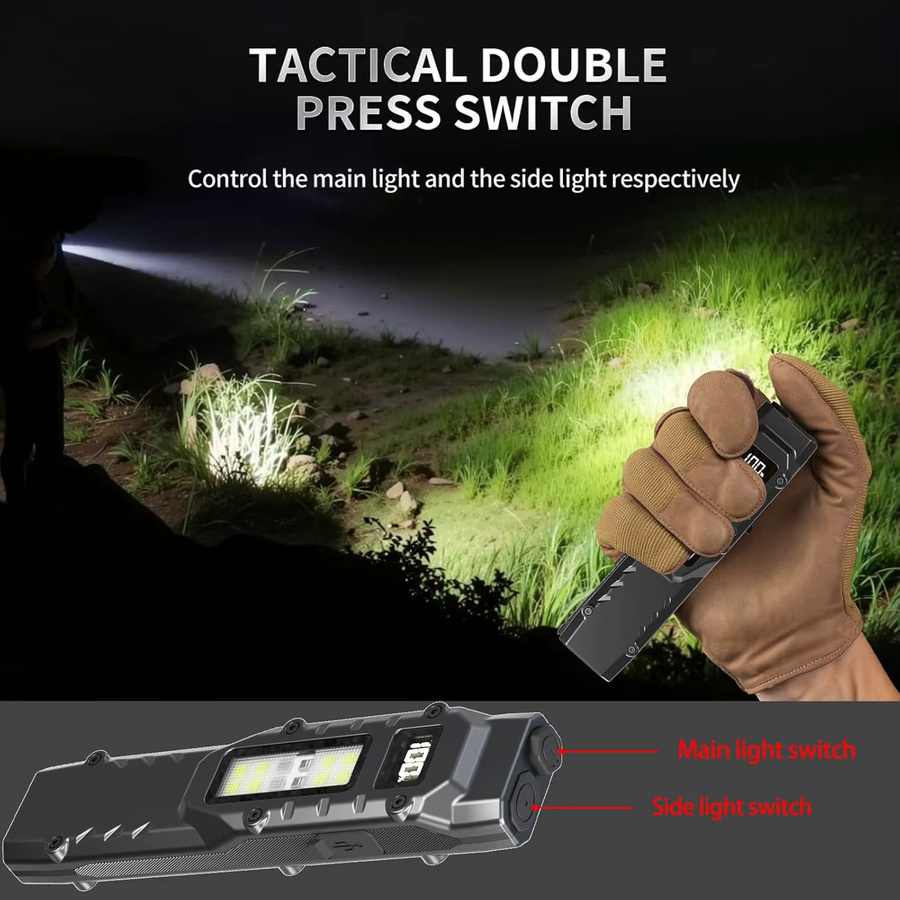 Heinast Taktische Taschenlampe in Schwarz mit Seitenlicht und Clip, wiederaufladbare multifunktionale Arbeitsleuchte für Outdoor und Notfälle - Bild 5