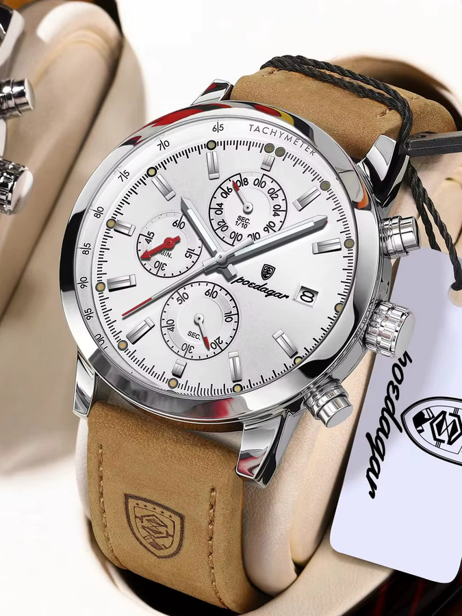 POEDAGAR Armbanduhr, Chronograph, Quarz, Leder, Herren, Schwarz - Bild 7