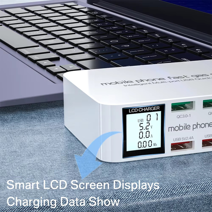 ASOMETECH 8-Port USB-C Schnellladegerät mit LCD-Digitalanzeige, PD3.0 und QC3.0 Ladestation in Weiß für iPhone und Android - Bild 4