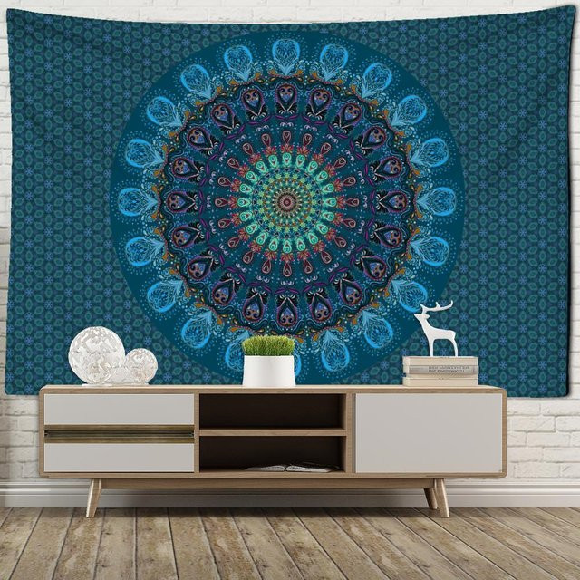 Mandala Wandteppich Super Six in Blau im Boho-Stil mit geometrischem Design, Breite: 95 cm, Höhe: 70 cm - Bild 1