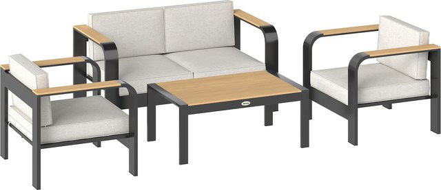Outsunny Gartenmöbel Set Gartensitzgruppe mit 2er-Sofa, 2 Sesseln und WPC-Couchtisch in Beige mit Aluminiumrahmen und Polsterkissen - Bild 1
