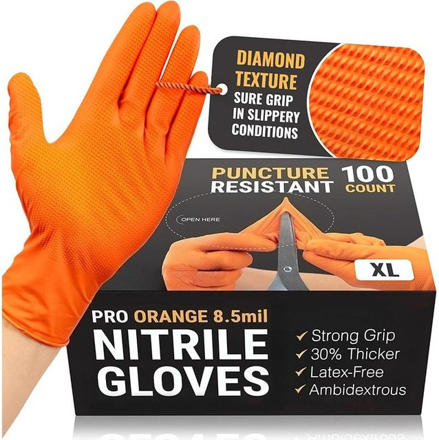 Extra dicke Nitril-Einweghandschuhe in Orange, Größe XL, puderfrei und pannensicher mit Diamantstruktur - Bild 1