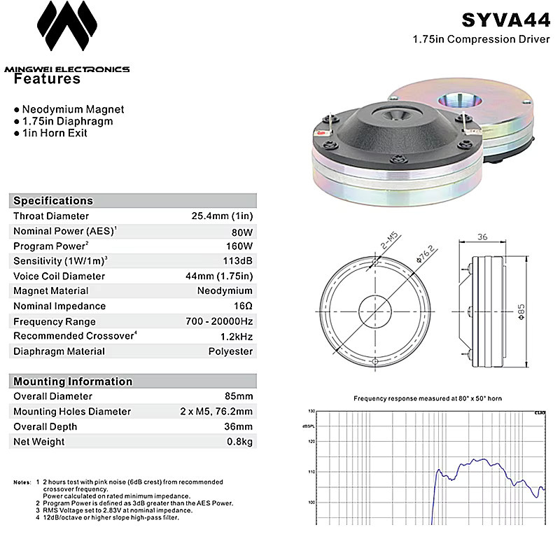 Prohsaudio SY44 1,75 Neodym-Kompressionstreiber in Silber, 16 Ohm, 1 Ausgang für PA-Hornlautsprecher - Bild 2