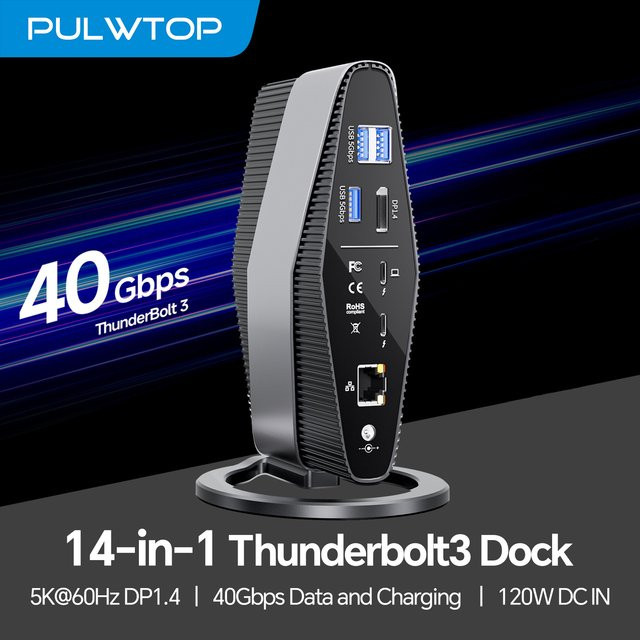 PULWTOP Thunderbolt 3 Dockingstation mit Dual-Monitor 4K-Display, 40 Gbit/s, SD/TF 4.0 sowie USB-A und USB-C Anschlüssen, Grau - Bild 1