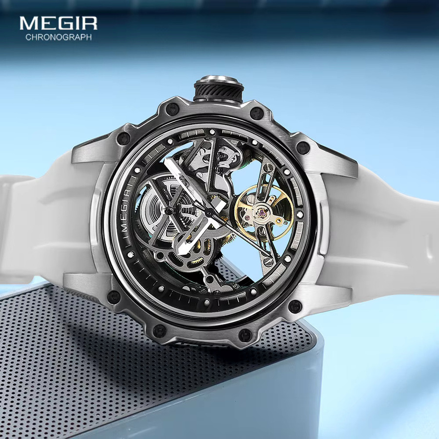 MEGIR Armbanduhr Automatik, Edelstahl, Silikonarmband, Weiß, Herren - Bild 2