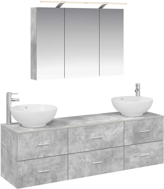 vidaXL Badezimmermöbel-Set 4-teilig in Betongrau mit Waschtischunterschrank, Spiegelschrank mit LED-Beleuchtung und Seitenschrank aus Holz und Glas - Bild 1