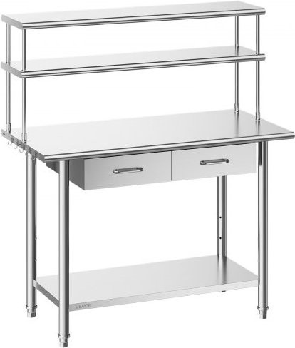 VEVOR Gastronomie Arbeitstisch aus Edelstahl mit 2 Schubladen und Doppelaufsatzbord, Farbe Silber, B/T/H: 122 x 61 x 140 cm - Bild 1