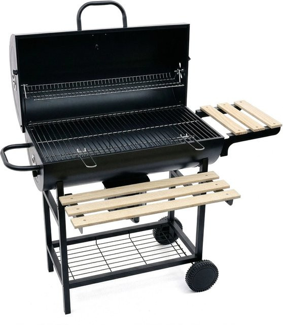 Relaxdays Holzkohlegrillwagen aus Stahl und Kiefernholz in Schwarz und Natur mit Deckel, Thermometer und Warmhalterist mit Rollen, B/T/H: 95 x 114,5 x 69 cm - Bild 1