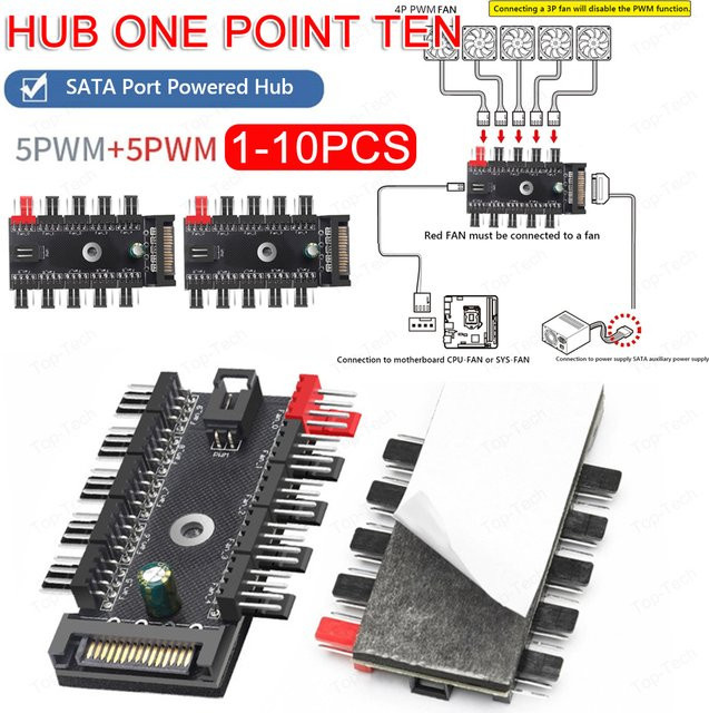 ALLOYSEED 4-poliger PWM-Lüfter-Hub mit 1 bis 10-Wege-Splitter und SATA-Stromversorgung in Schwarz - Bild 1