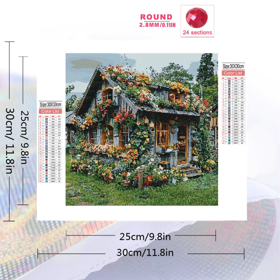 Momoart 5D DIY Diamant-Stickerei Haus-Landschaftsgemälde mit Blumen, Multicolour, B/T/H: 20 x 20 x 20 cm - Bild 2