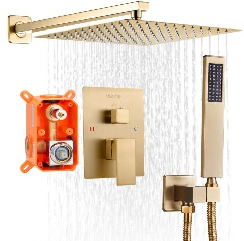 VEVOR Duscharmatur Regenduschsystem in gebürstetem Gold mit quadratischem Regenduschkopf von 30,5 cm und Handbrause, wandmontiert mit Messingventil - Bild 1