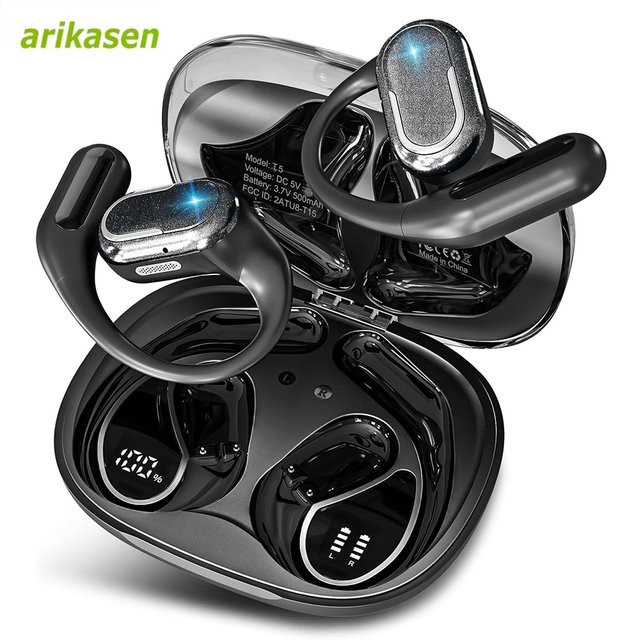 Arikasen OWS Sports Open Ear Bluetooth 5.4 Kopfhörer mit Mikrofon und Rauschunterdrückung, IPX7 wasserdicht, Schwarz - Bild 1