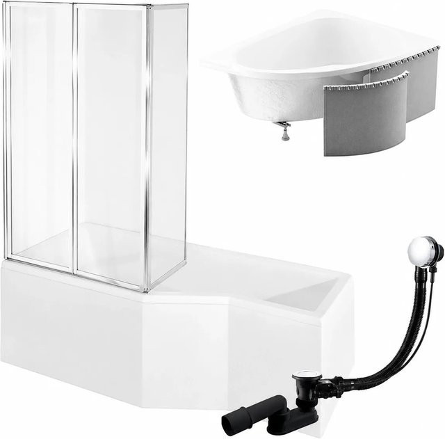 KOLMAN Eckbadewanne links in Weiß mit 3-teiliger Glasabtrennung, Styroporverkleidung, Ablauf und Füßen, B/T: 170 x 75 cm - Bild 1