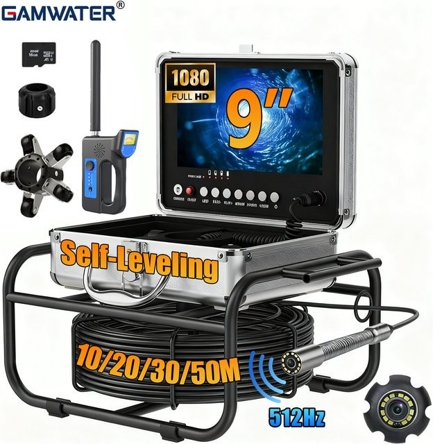 GAMWATER Kanalinspektionskamera mit 9-Zoll-Monitor, 512Hz Selbstnivellierende AHD 1080P Endoskopkamera mit 12 weißen Lichtern, Weiß - Bild 1