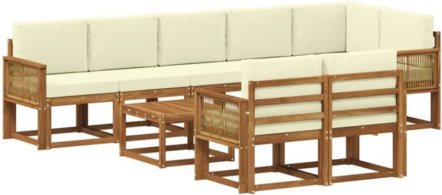 vidaXL Outdoor-Sofagarnitur L-Form aus Akazienholz mit 9 Kissen in Natur und Creme - Bild 1