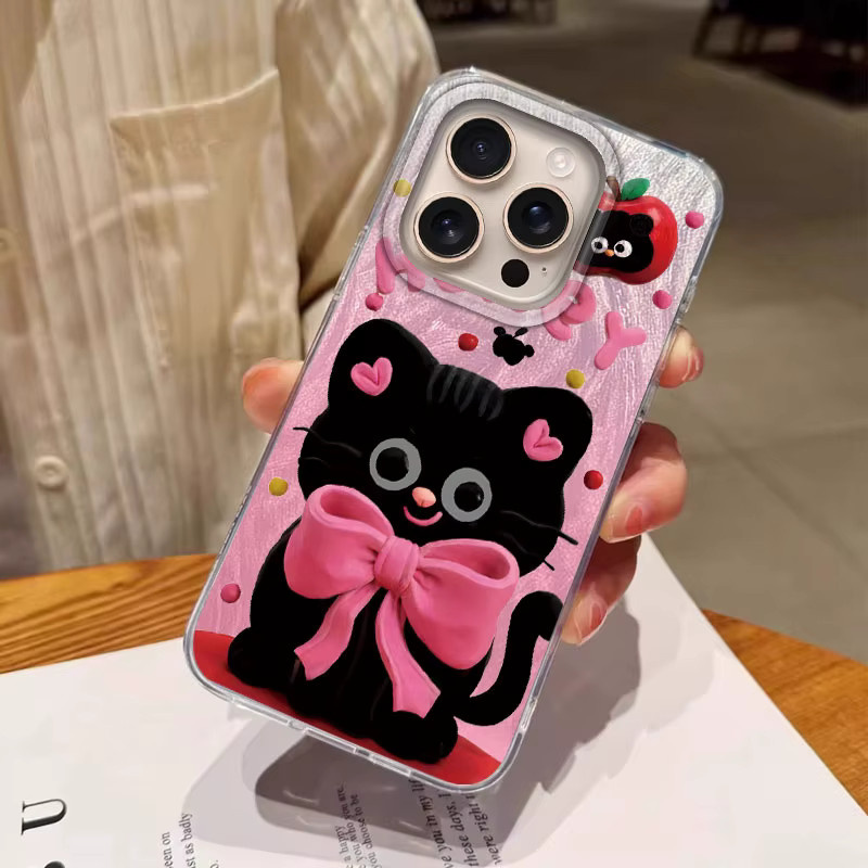 FunYudas Stoßfeste Handyhülle mit schwarzer Katze und Farbverlauf für iPhone 16 15 14 13 Pro Max SE, Silber/Rosa/Schwarz - Bild 2