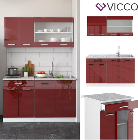 Vicco R-Line Singleküche Einbauküche in Rot Bordeaux Hochglanz und Weiß mit 140 cm Breite