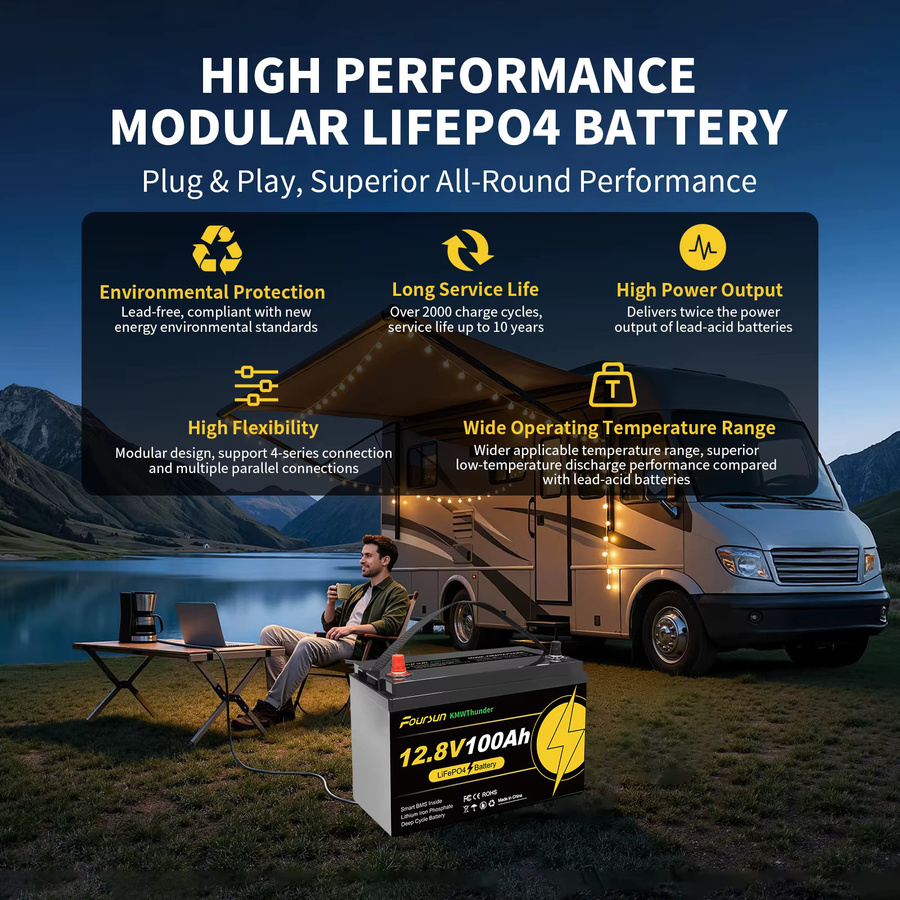 Foursun LiFePO4 Batterie 12V mit Niedertemperatur-BMS-Schutz in Schwarz für Wohnmobil, Solar und Camping - Bild 2