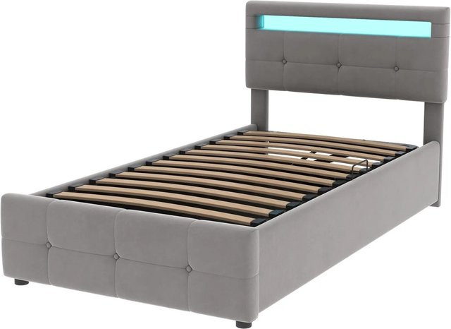 Merax Kinderbett mit LED-Unterbodenbeleuchtung und Hydraulik-Stauraum aus Samt in Grau, B/T/H: 90 x 200 x 40 cm - Bild 1