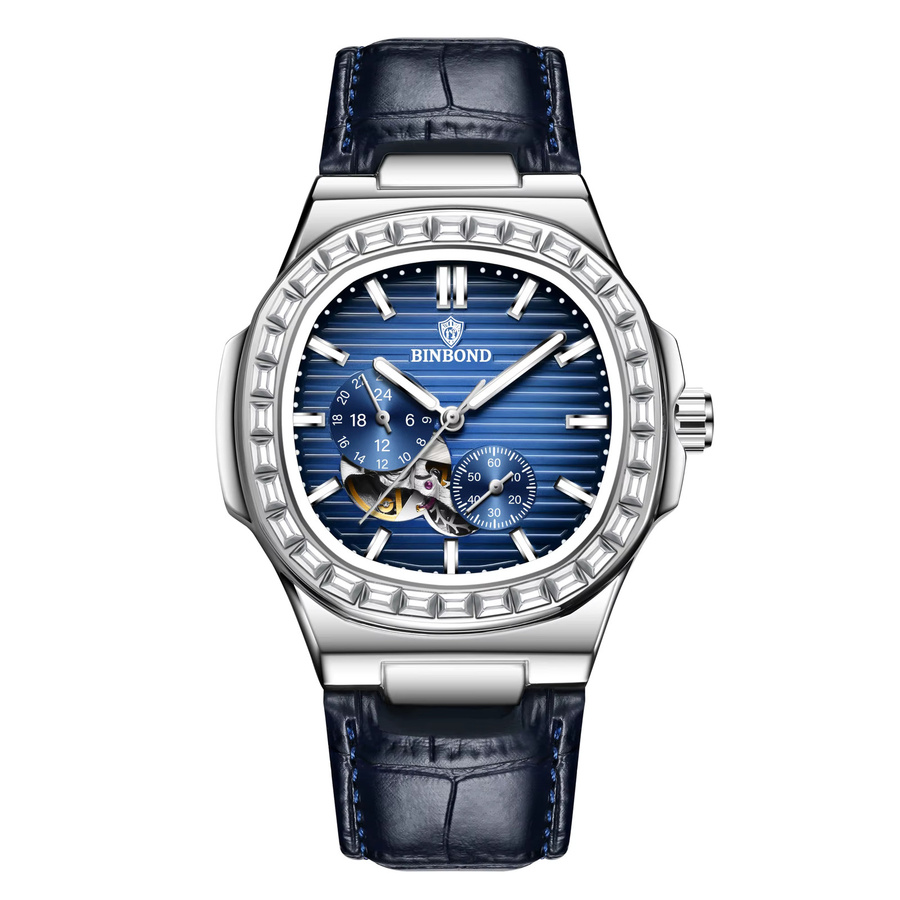 BINBOND Armbanduhr Automatik, Skelett-Uhr, Edelstahl, Blau, Leder, Herren - Bild 7