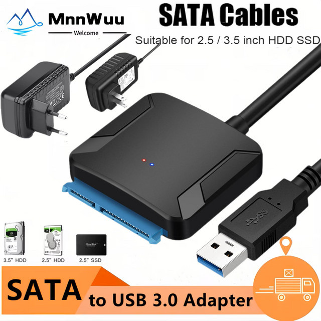 MnnWuu SATA zu USB 3.0 Adapterkabel mit 12V Netzteil für 2,5 und 3,5 Zoll SSD und Festplatten in Schwarz - Bild 1