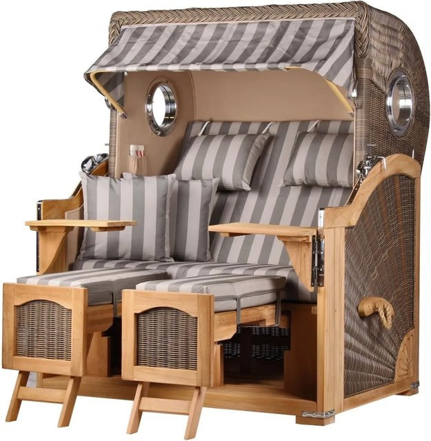 Bene Living Strandkorb Komplettset Ammersee Grande XL Teak Bullauge PE Grau Modell 537 mit Liftersystem, Schutzhülle, Doppelrollen und Glasbecherhalter - Bild 1