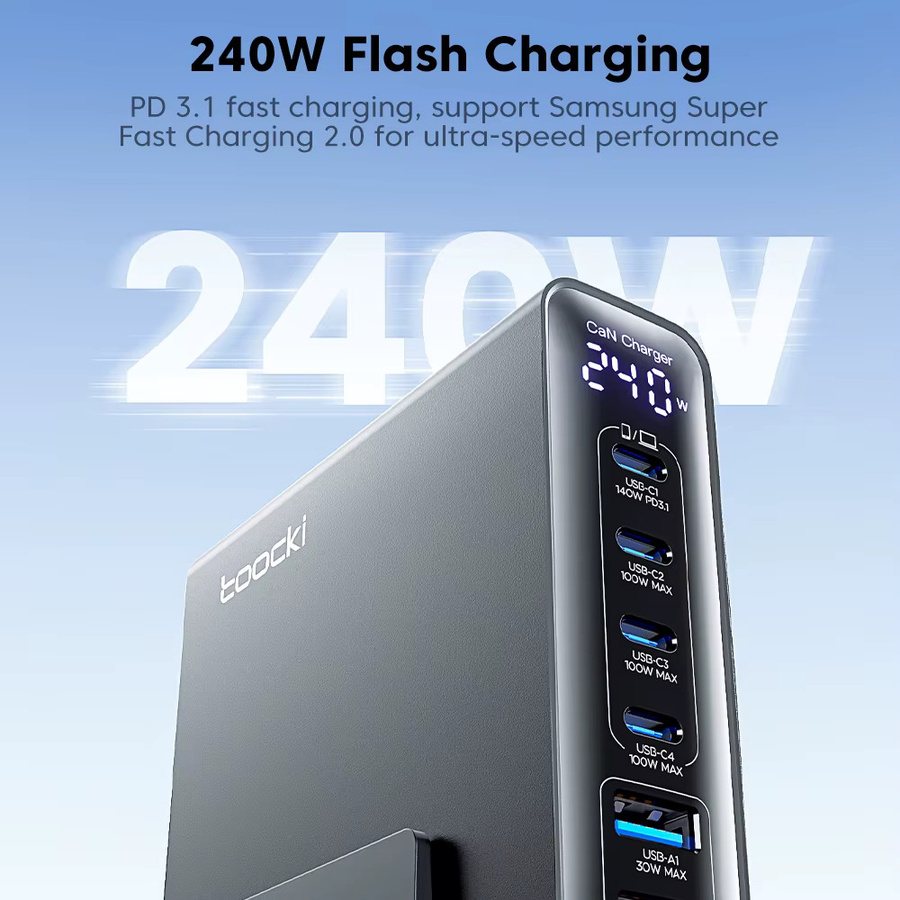 Toocki 240 W GaN Desktop-Ladegerät mit Digitalanzeige, PD3.1 140 W und PPS, USB-C Schnellladegerät für Laptop und Smartphone, Schwarz - Bild 2