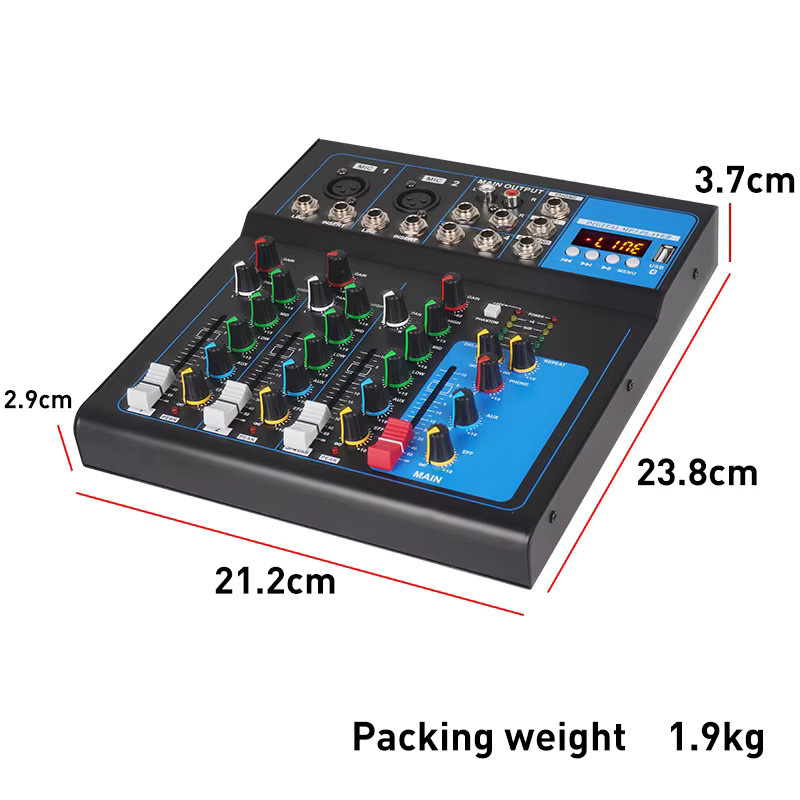 Yamnweo GH4 4-Kanal Mini-Audiomixer in Schwarz mit Bluetooth 5.0, USB MP3-Wiedergabe und Aufnahme, 3-Band-EQ und 48V Phantomspeisung - Bild 2