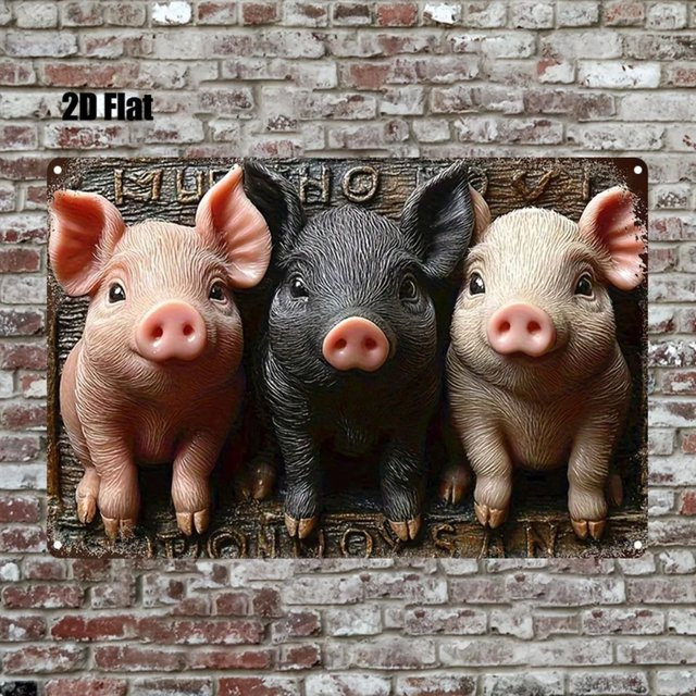 CIFBUY Metall-Wandkunst Drei Kleine Schweinchen im Bauernhaus-Stil, Rustikales Metallschild in Mehrfarben, Breite: 20,32 cm, Höhe: 20,32 cm, Tiefe: 0,3 cm - Bild 1