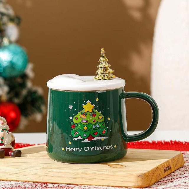 Yiran Furniture Weihnachts-Keramiktasse im Cartoon-Design, schwarzer Becher für Kaffee und Tee, 350 ml - Bild 1