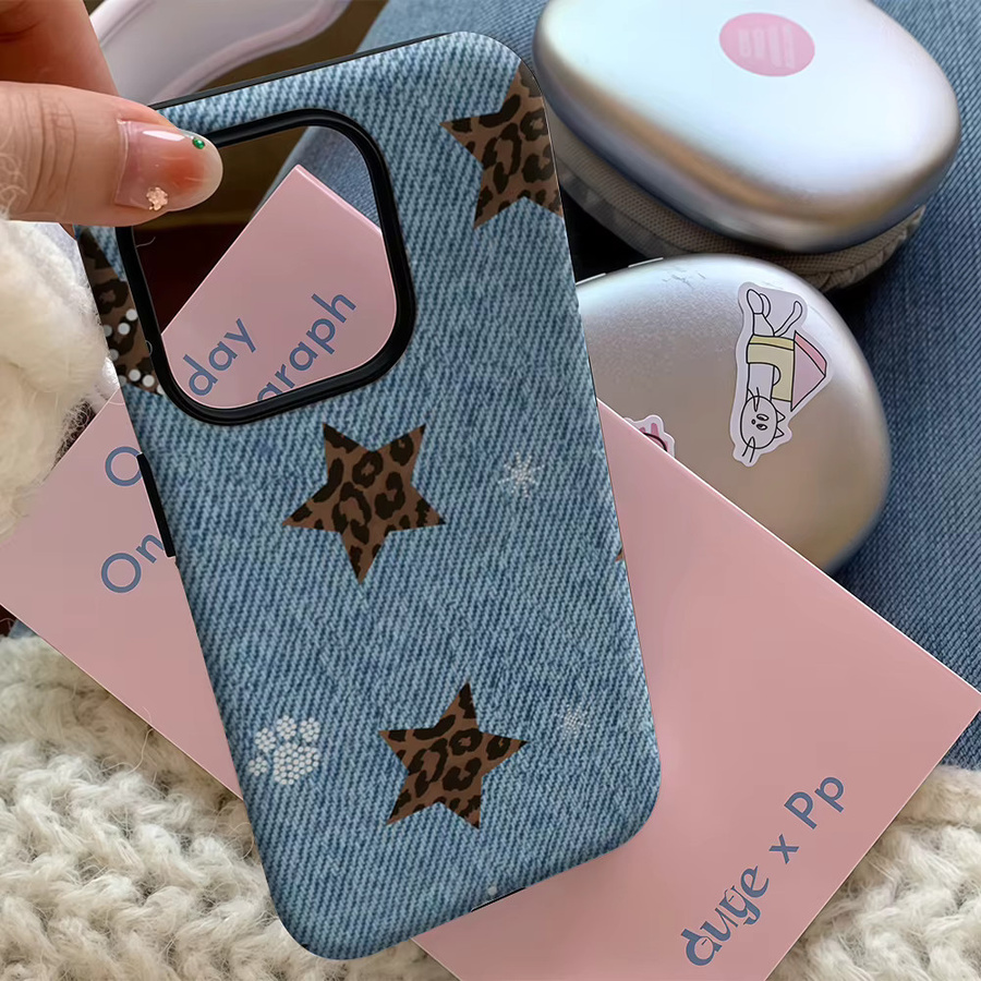 Potdemiel Handyhülle Denim Leopard Star für iPhone 17 16 15 14 13 Pro Max Plus mit doppelschichtiger Rückseite in Blau - Bild 5