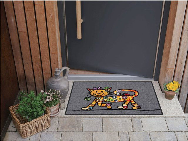 Rutschhemmende Salonloewe Fußmatte mit Katzen-Motiv in Anthrazit und Multicolour, Rechteckig - Bild 1