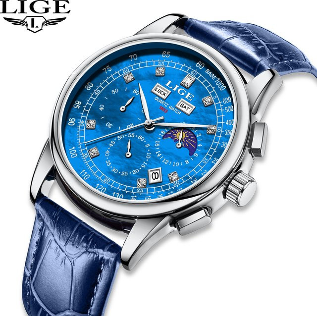 LIGE Armbanduhr Herren, Quarz, Leder, Blau, Silber, Mondphase, Datum - Bild 1