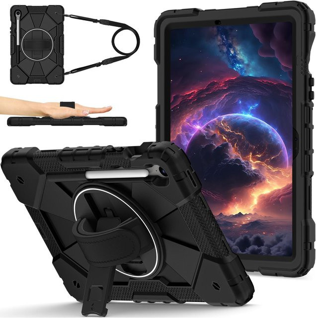 Schutzhülle Kinder Rüstung für Samsung Galaxy Tab S10 Lite S10 FE X520 X526B mit Ständer und Schultergurt in Schwarz - Bild 1