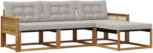 vidaXL Outdoor-Sofagarnitur L-Form aus Akazienholz mit Kissen und Ottoman in Braun und Hellgrau - Bild 1
