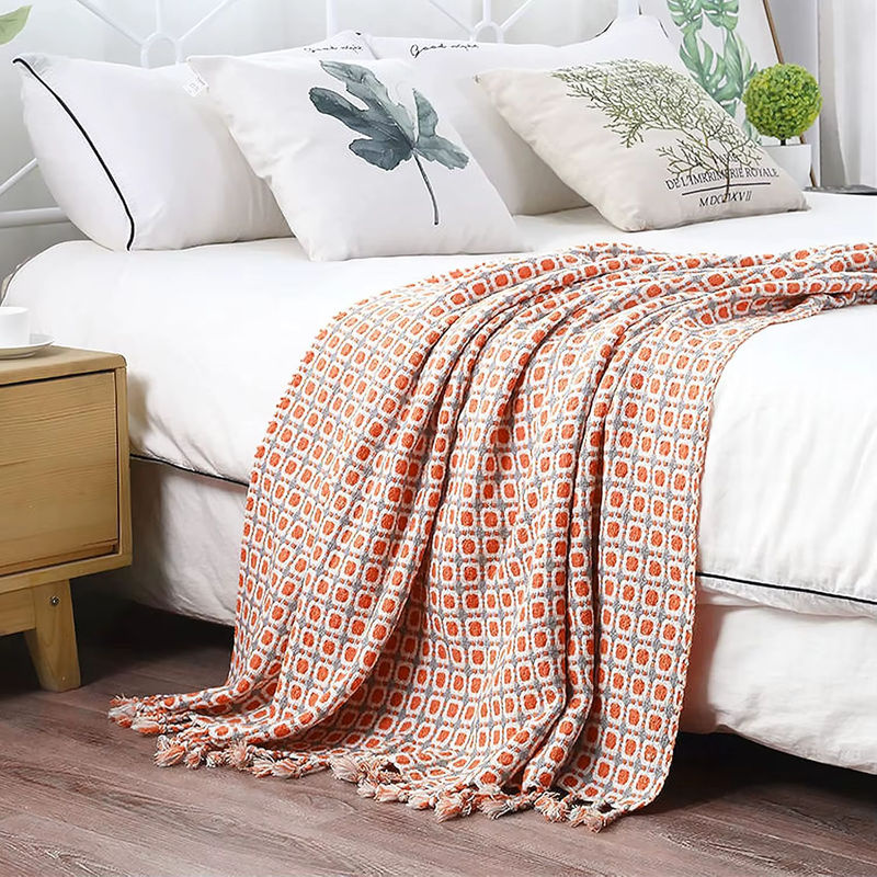Inyahome Klassische Hahnentritt Plaid Decke mit Quasten, Gestrickte Kuscheldecke in Grau und Orange - Bild 6
