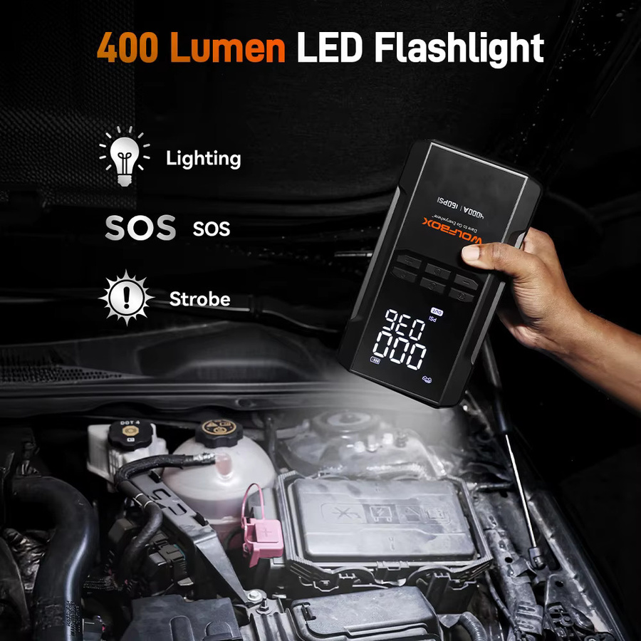 WOLFBOX JS24AIR Starthilfe und Luftkompressor 4000A, 12V Autobatterie-Booster mit 160PSI Reifenfüller und LED-Licht, Schwarz - Bild 5