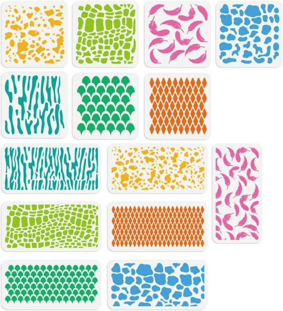 14er-Pack Tiermuster-Schablonen aus Kunststoff für Bastelarbeiten mit Leoparden-, Schlangenhaut- und Meerjungfrau-Motiven - Bild 1