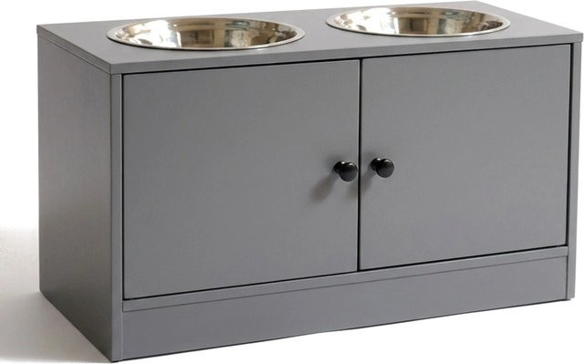 Relaxdays Hundefutterstation aus MDF und Edelstahl in Grau mit Schrankfach, B/T/H: 60 x 35,5 x 30 cm - Bild 1